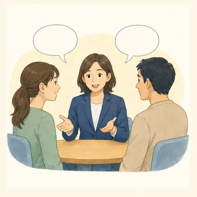 通訳を介して会話している様子