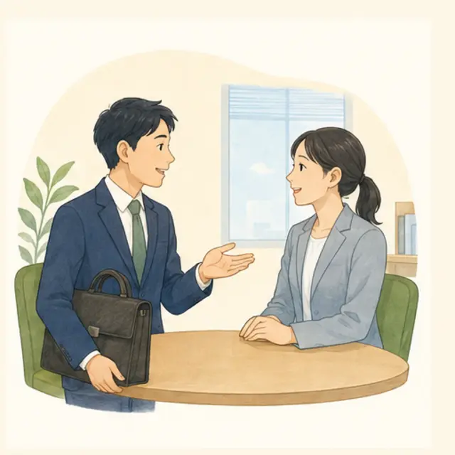 職場で仕事について話している様子
